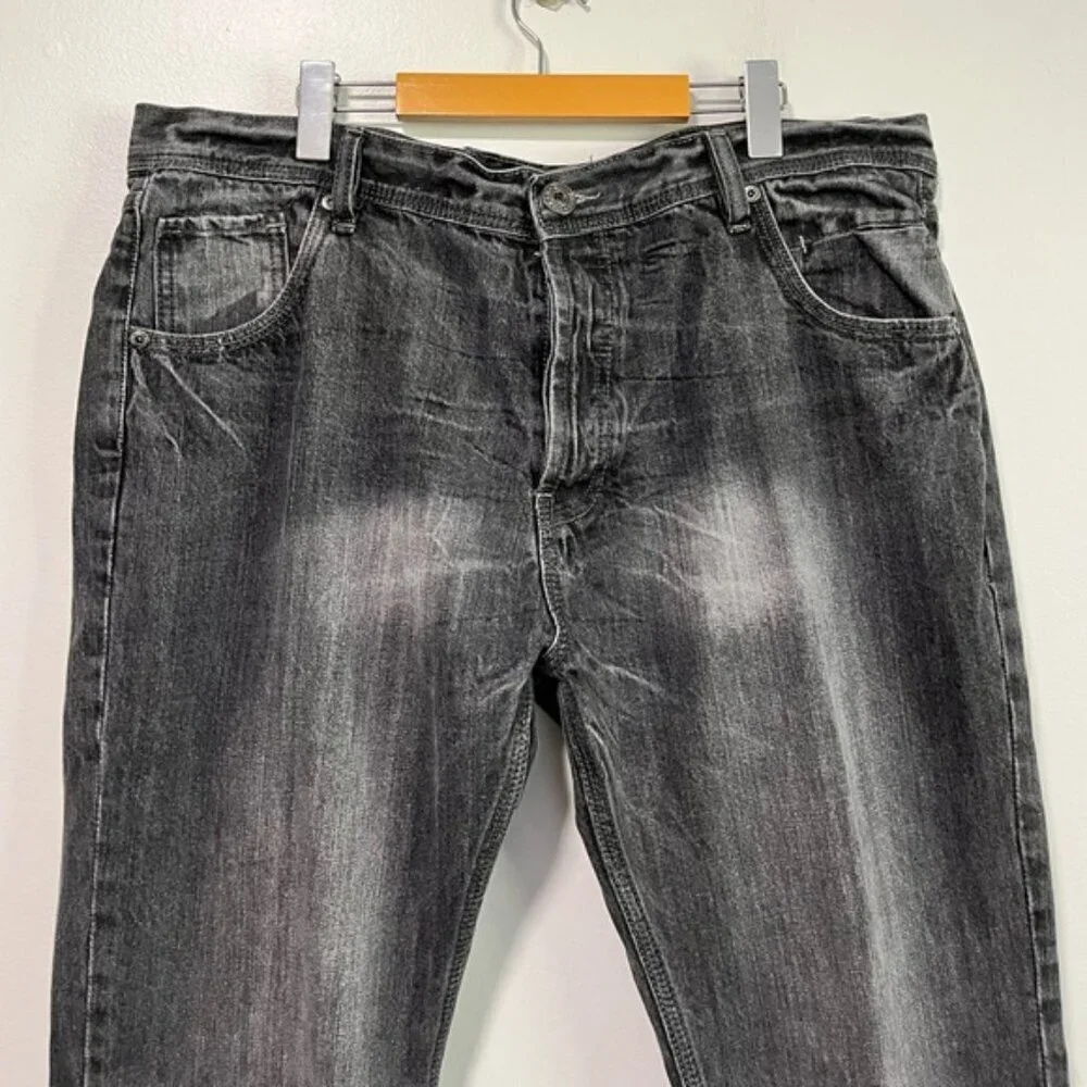 Carrot Men’s Black Washed Denim Jeans – Studded Pockets, Size 38x34